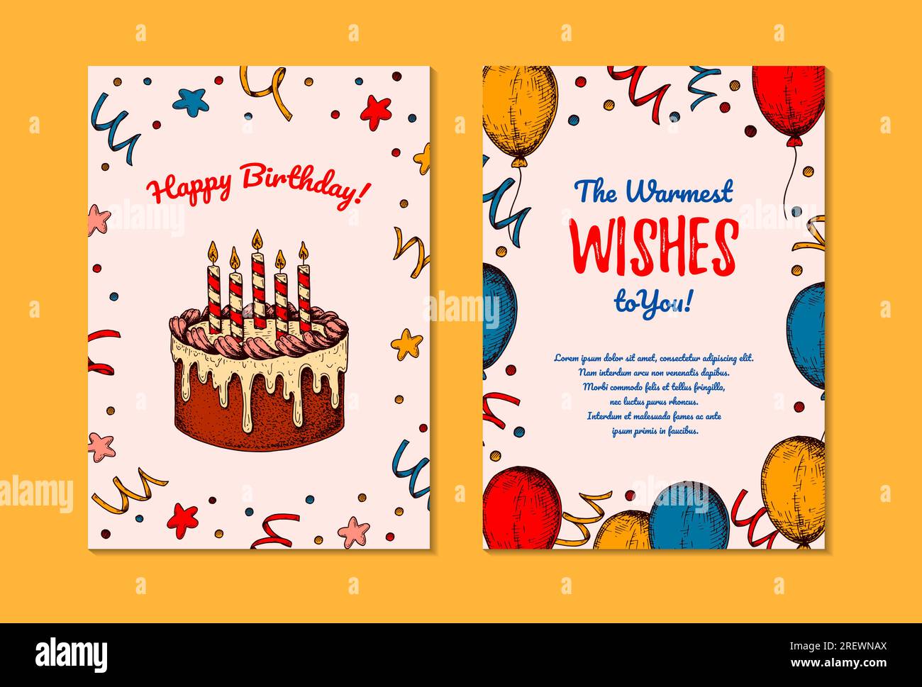 Two sides Birthday vertical greeting card. Design with hand drawn
