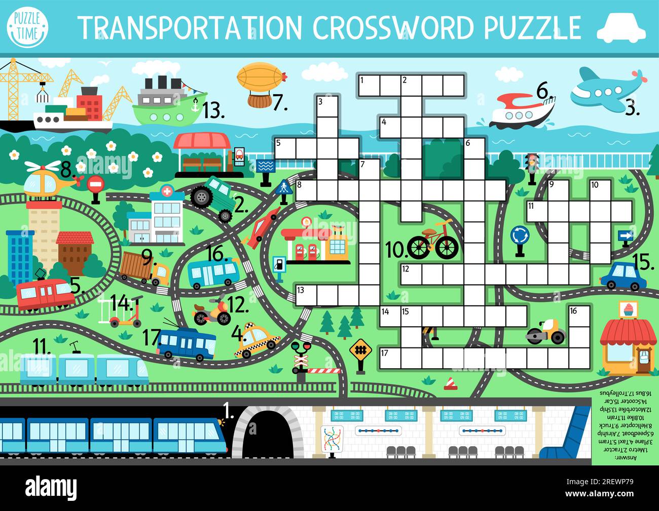 Vector transportation crossword puzzle for kids Simple quiz with city Vector transportation crossword puzzle for kids Simple quiz with city