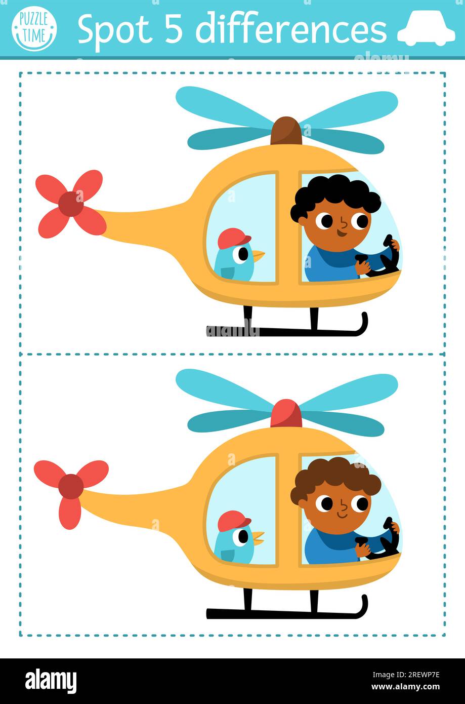 Find differences game for children. Transportation educational activity  with helicopter with pilot flying in the sky. Cute puzzle for kids with  funny Stock Vector Image & Art - Alamy