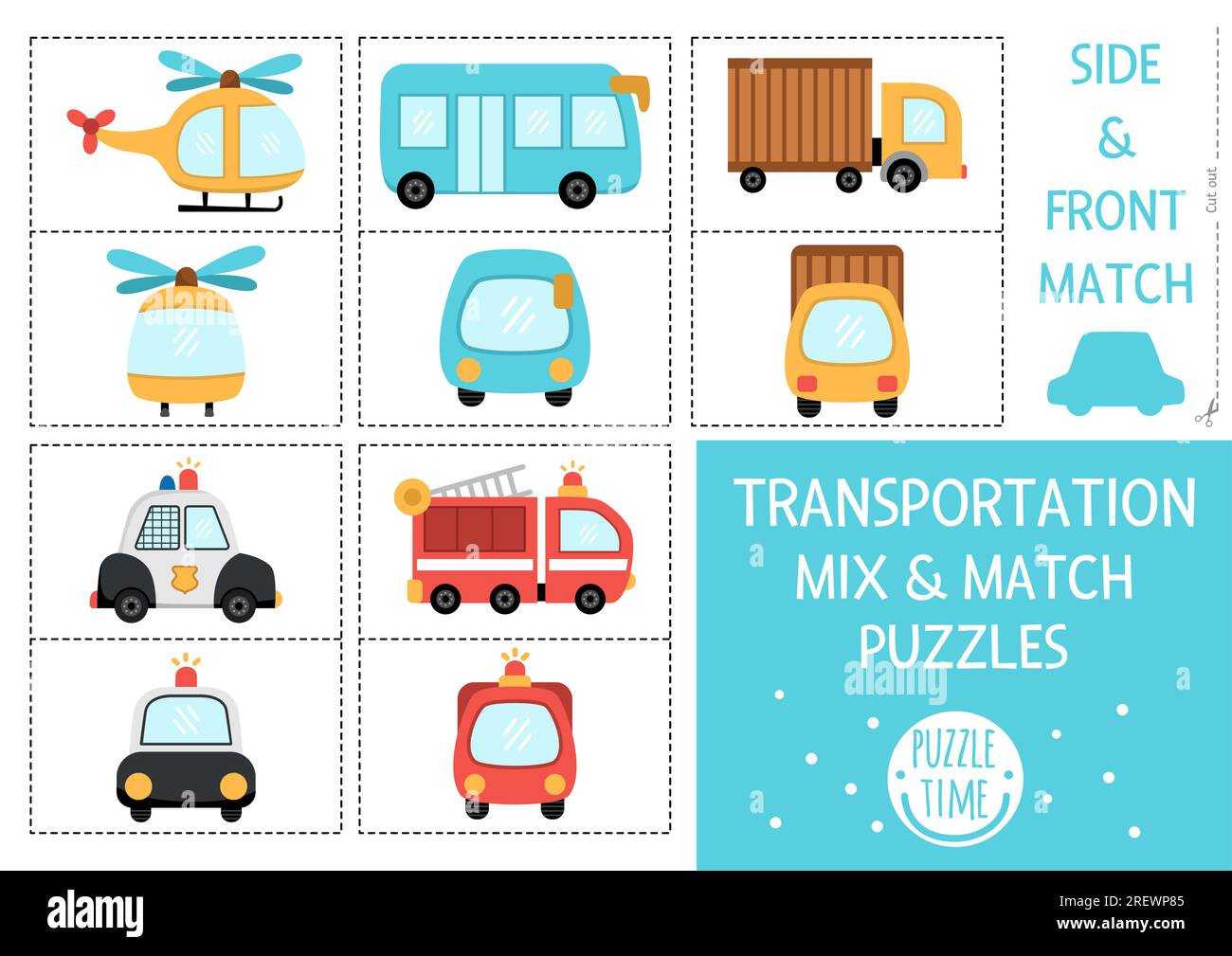 Vector transportation mix match puzzle with truck, helicopter, police car, bus, fire engine. Matching transport activity for kids. Educational printab Stock Vector