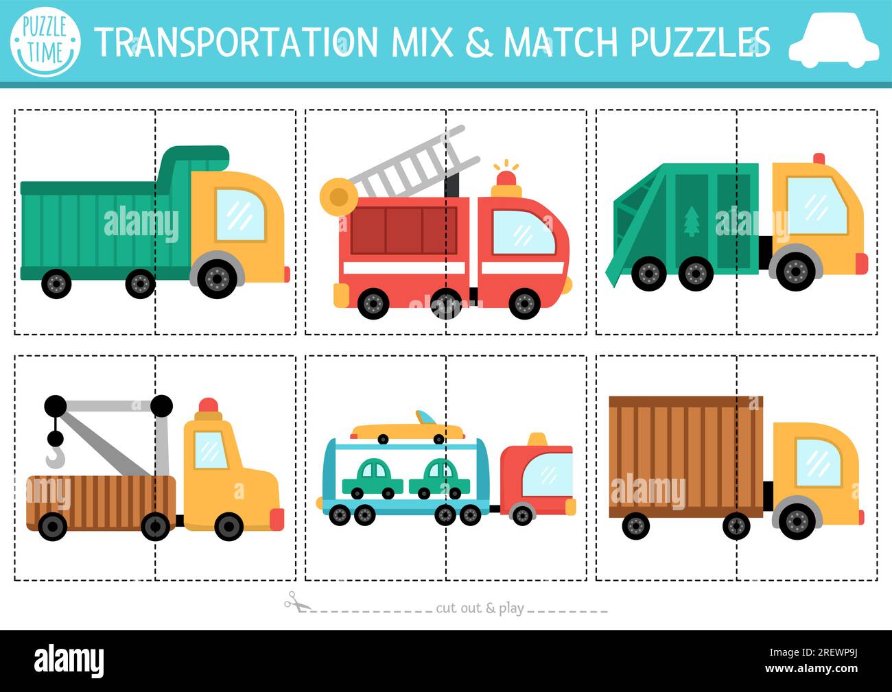 Vector transportation mix and match puzzle with cute trucks. Matching transport activity for preschool kids with lorries. Educational printable city v Stock Vector
