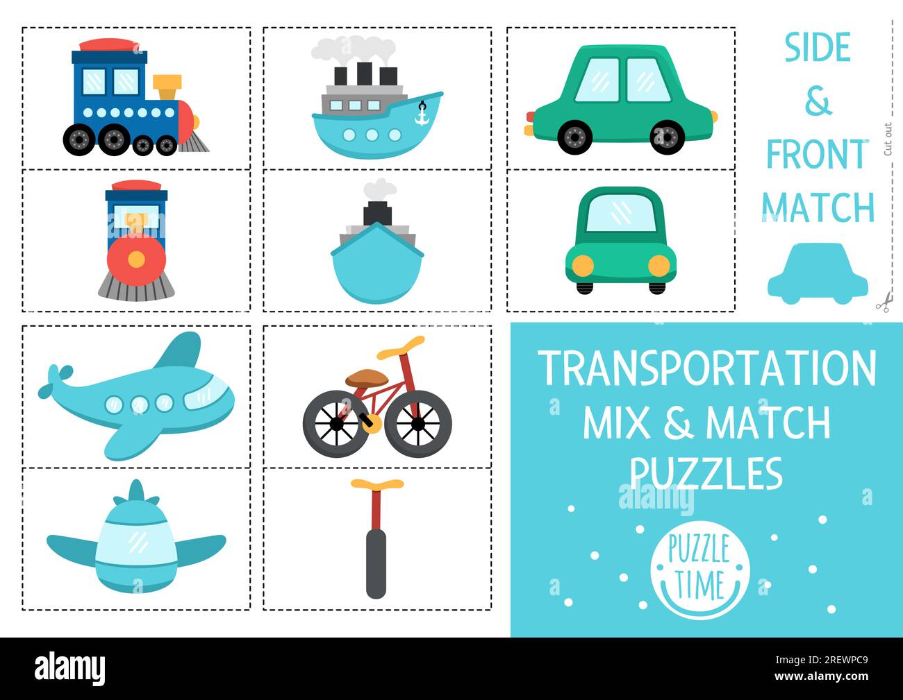 Vector transportation mix match puzzle with ship, plane, car, bike ...