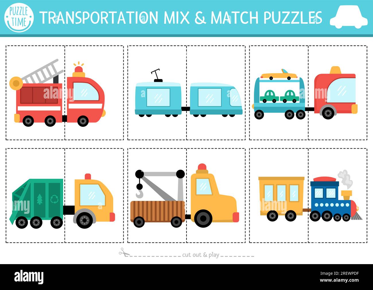 Vector transportation mix and match puzzle with cute trucks and trains. Matching transport activity for preschool kids with lorries and trailers. Educ Stock Vector