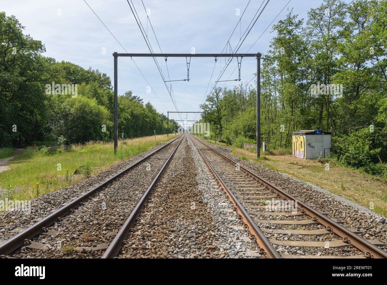 lines perspective countryside railway tracks green trees sunny sky Stock Photo