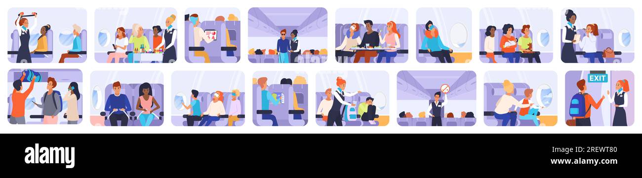 Passengers travel by plane set vector illustration. Cartoon isolated inside airplane flight scenes with people on seats in aeroplane cabin, service and airline instructions by stewardess and crew Stock Vector