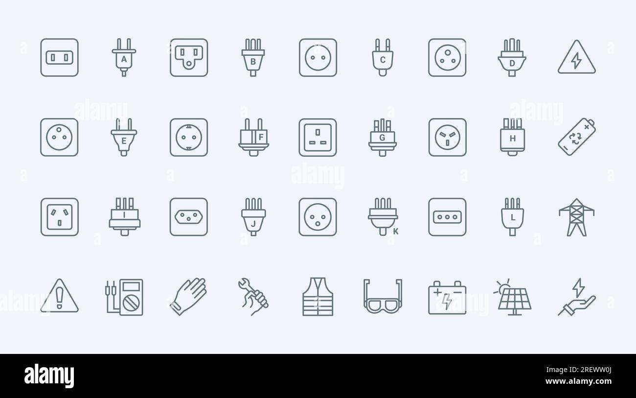 Electric power socket types thin line icons set vector illustration. Outline symbols collection of world standards for outlets of different country, safety gear, equipment of electrician and battery Stock Vector