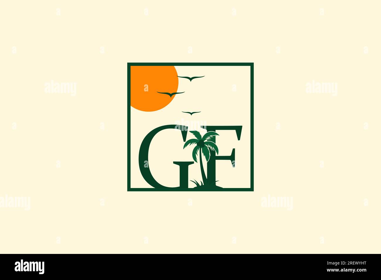 letter GF square with palm tree and sun logo design Stock Vector