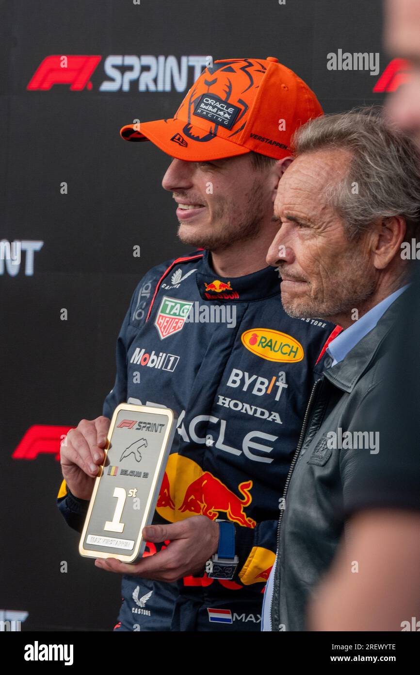 Stavelot, Belgium. 29th July, 2023. Red Bull Racing Dutch rider Max Verstappen and Belgian former Formula 1 pilot Jacky Ickx are pictured after the sprint race of the F1 Grand Prix of Belgium auto race, in Spa-Francorchamps, Saturday 29 July 2023. The Spa-Francorchamps Formula One Grand Prix takes place this weekend, from July 28th to July 30th. BELGA PHOTO JONAS ROOSENS Credit: Belga News Agency/Alamy Live News Stock Photo