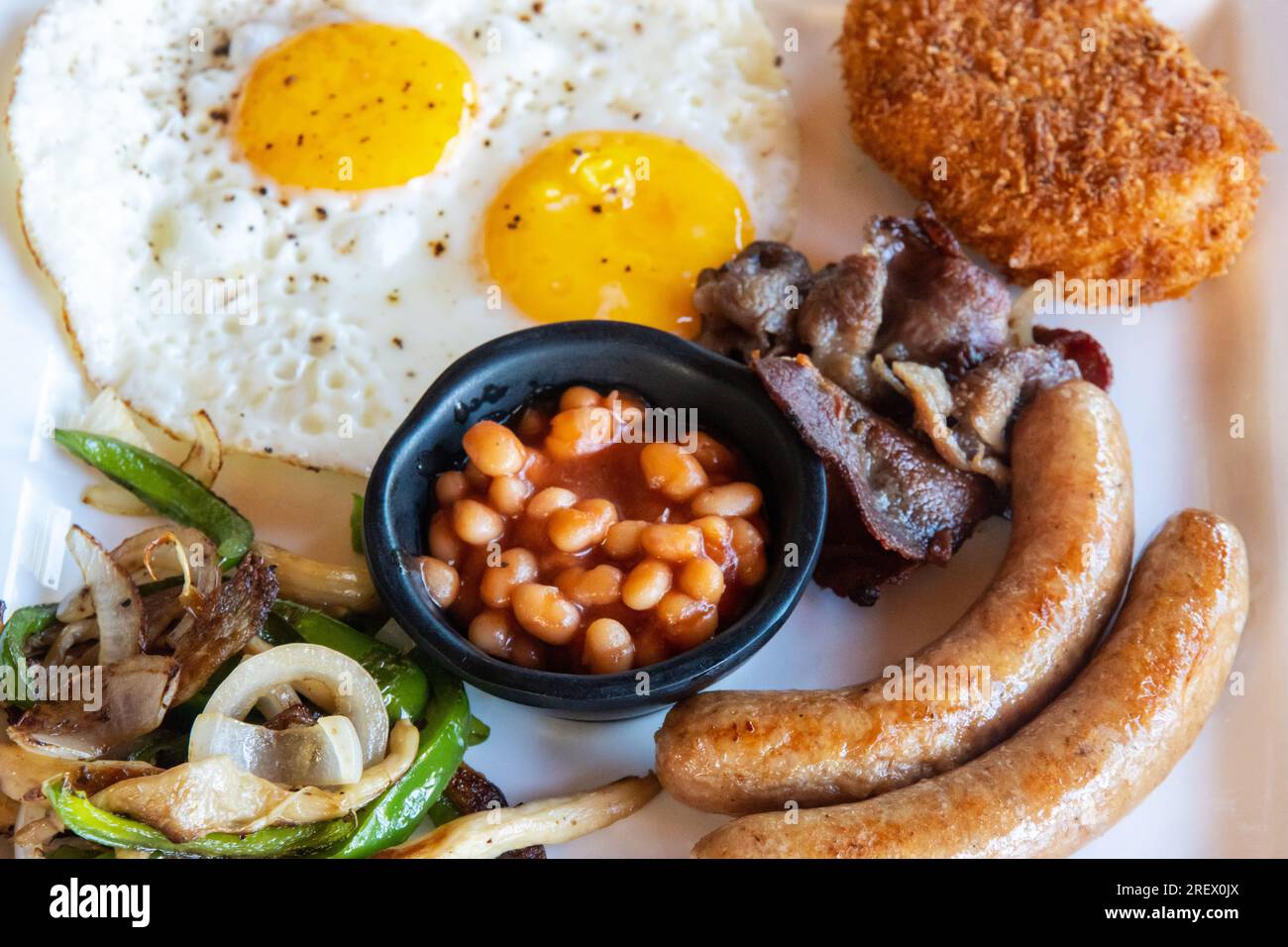 American Breakfast with Eggs, Sausages, Bacon, Beans, Hash Brown