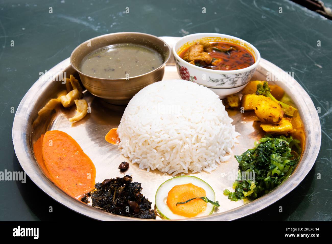 Traditional Nepali Thakali Dish of Rice, Lentils, Curry and Chutney aka Daal Bhaat and Tarkari