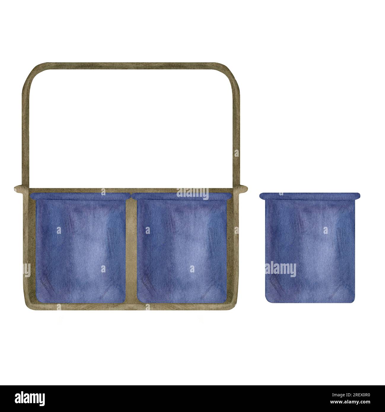 Decorative brown planters and blue pots, containers for seedlings