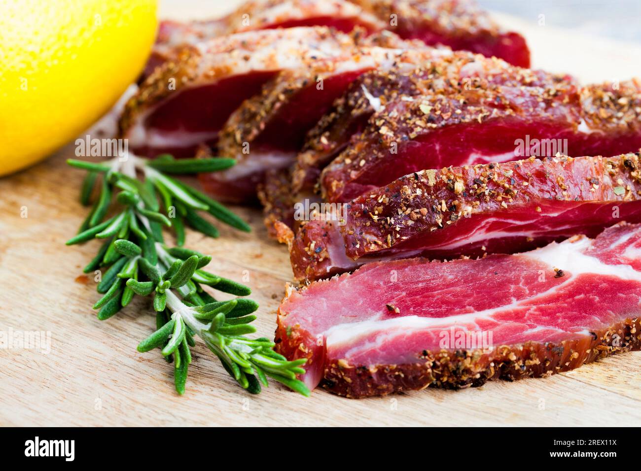 meat prepared marinated beef, pork products with lard sliced on the
