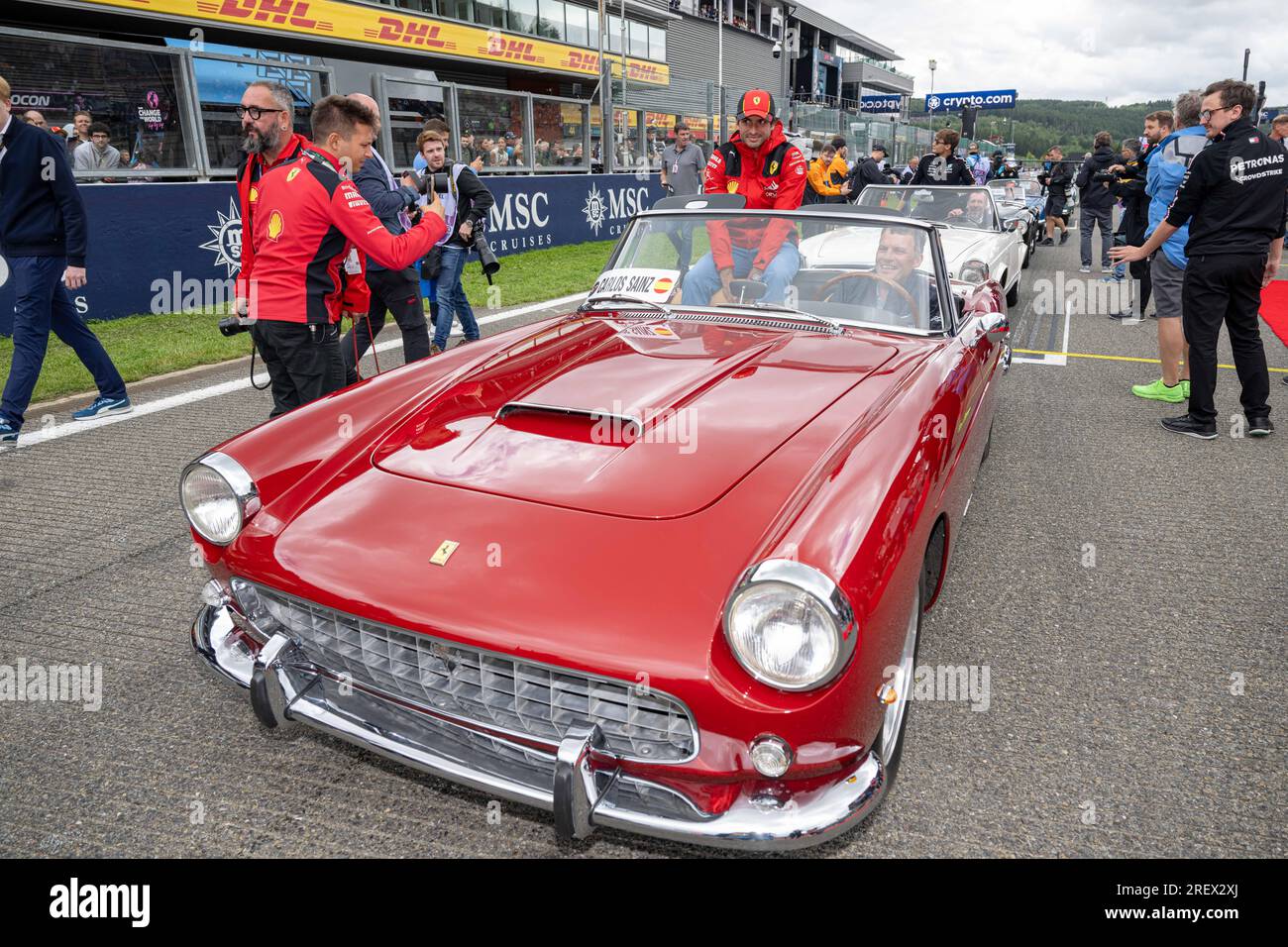 Stavelot, Belgium. 30th July, 2023. Scuderia Ferrari Spanish rider Carlos Sainz Jr. is seen during the drivers parade ahead of the F1 Grand Prix of Belgium auto race, in Spa-Francorchamps, Sunday 30 July 2023. The Spa-Francorchamps Formula One Grand Prix takes place this weekend, from July 28th to July 30th. BELGA PHOTO JONAS ROOSENS Credit: Belga News Agency/Alamy Live News Stock Photo