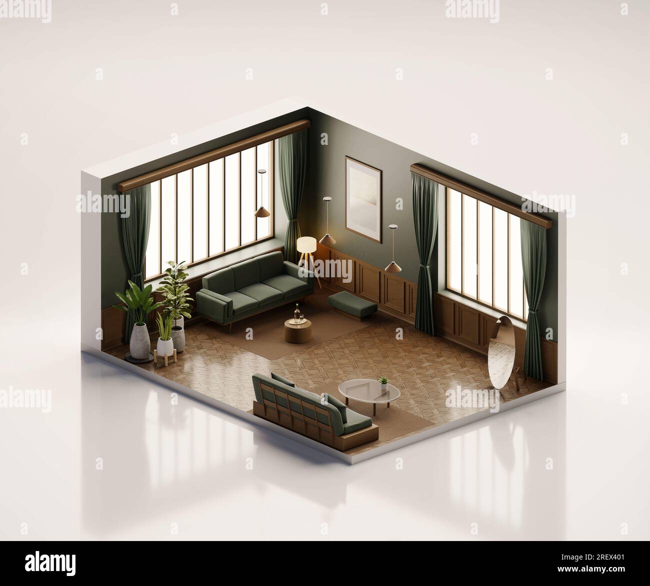 Isometric view living room muji style open inside interior architecture ...