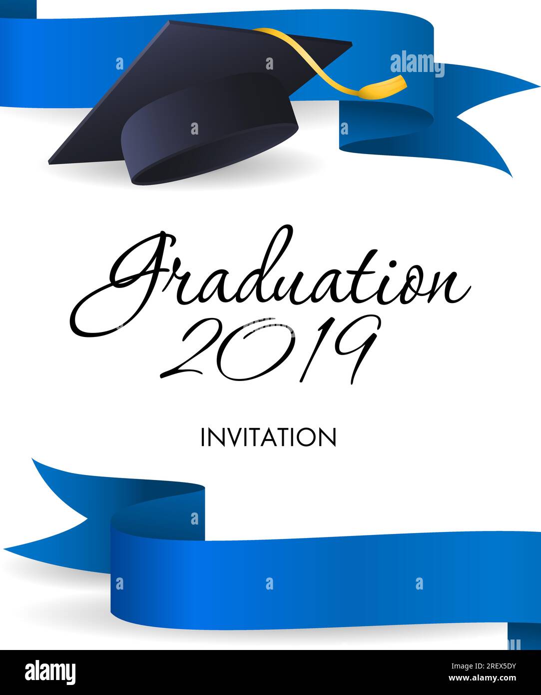 Graduation 2019 invitation design. Blue ribbons, graduation cap Stock