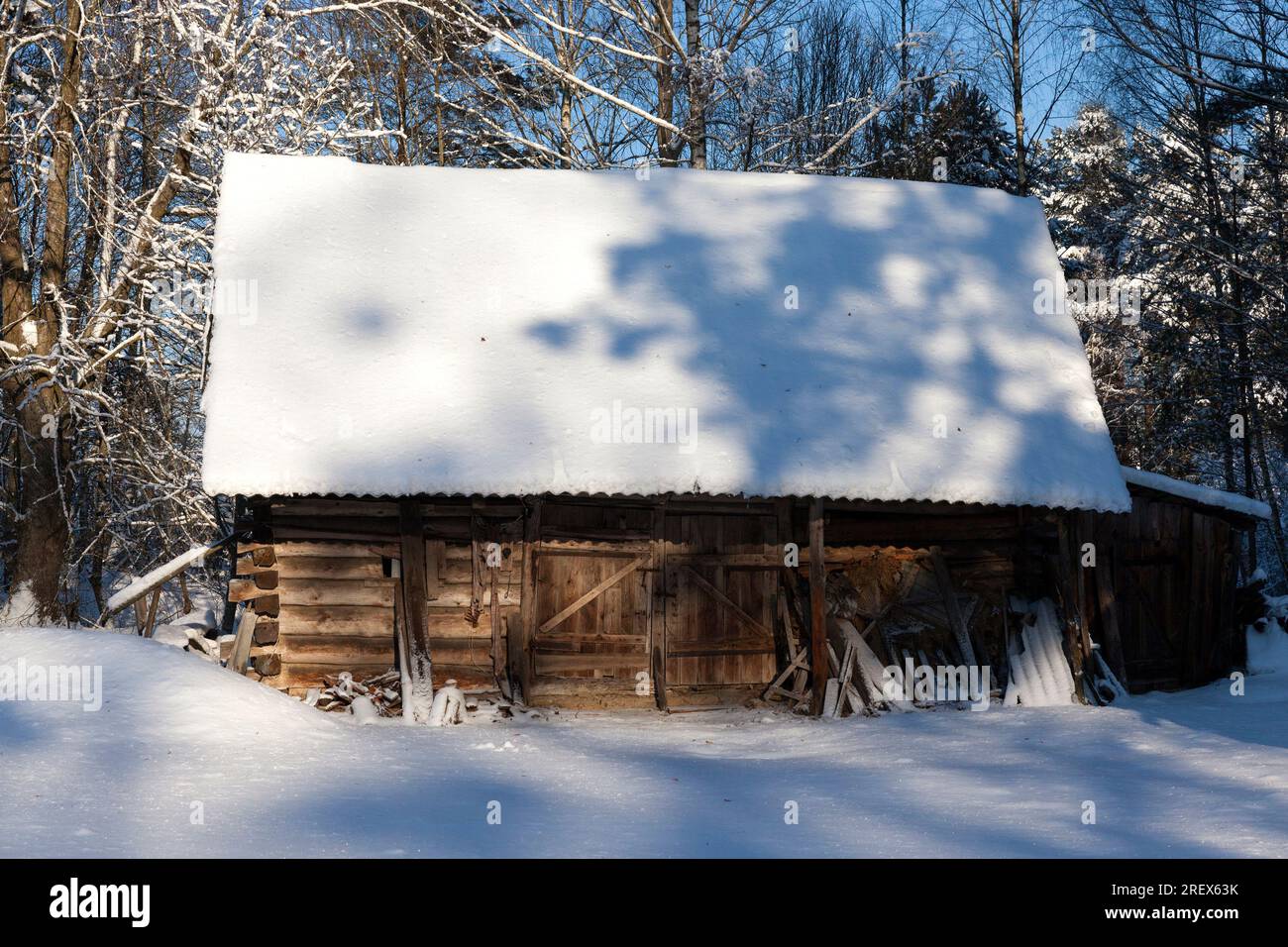 old wooden building in the forest on a farm covered with snow after winter snowfalls, rural area and features of village life Stock Photo