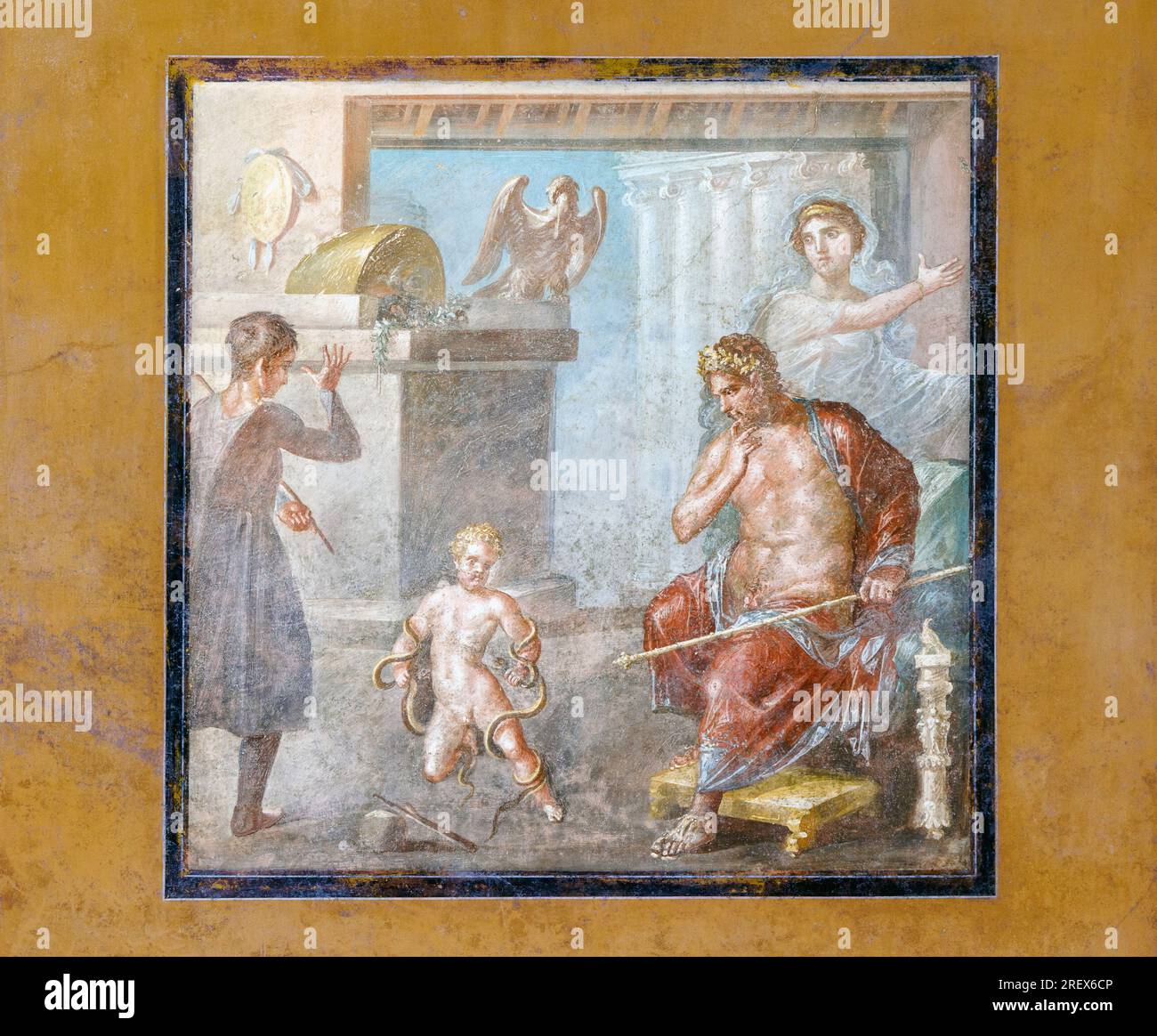 Pompeii Archaeological Site, Campania, Italy.  Fresco showing Hercules as a child strangling snakes. House of the Vettii.  Casa dei Vettii.   Pompeii, Stock Photo