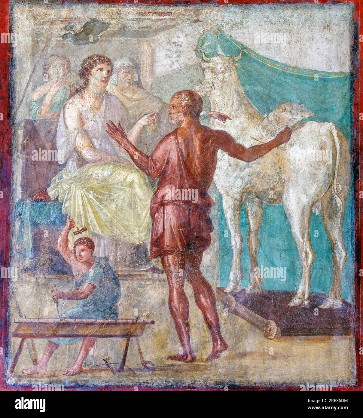 Pompeii Archaeological Site, Campania, Italy.  Fresco illustrating the Greek myth of Daedalus and Pasiphae.  House of the Vettii.  Casa dei Vettii. Stock Photo