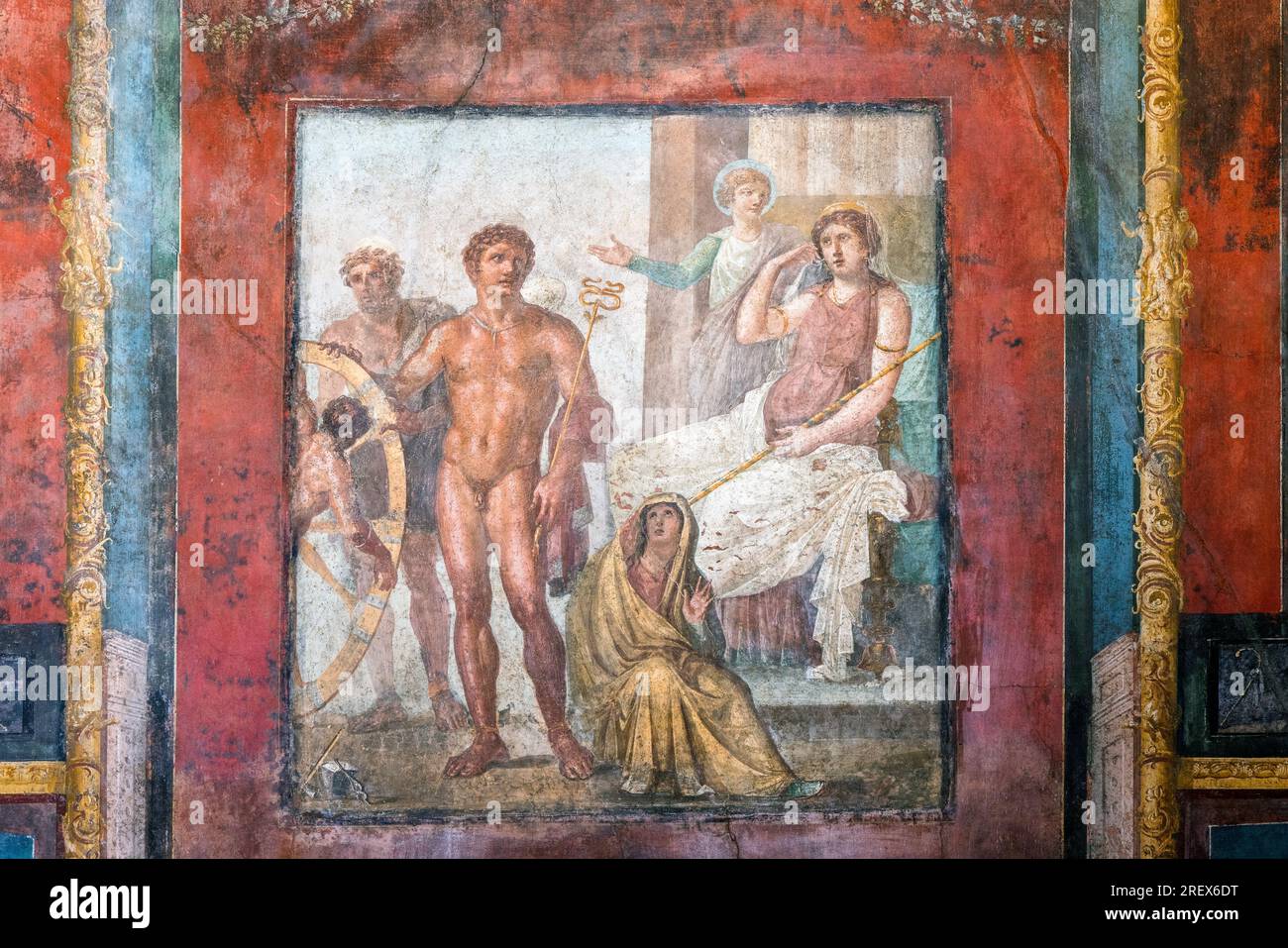 Pompeii Archaeological Site, Campania, Italy.  Fresco illustrating the Greek myth of Ixion.  House of the Vettii.  Casa dei Vettii.   Pompeii, Hercula Stock Photo