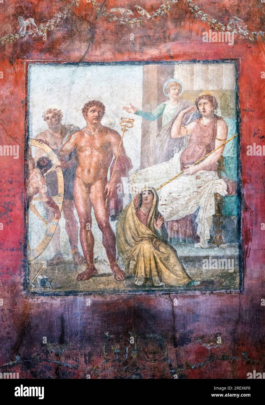 Pompeii Archaeological Site, Campania, Italy.  Fresco illustrating the Greek myth of Ixion.  House of the Vettii.  Casa dei Vettii.   Pompeii, Hercula Stock Photo