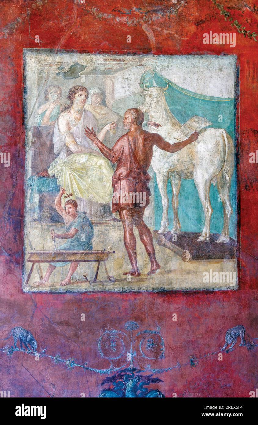 Pompeii Archaeological Site, Campania, Italy.  Fresco illustrating the Greek myth of Daedalus and Pasiphae.  House of the Vettii.  Casa dei Vettii. Stock Photo