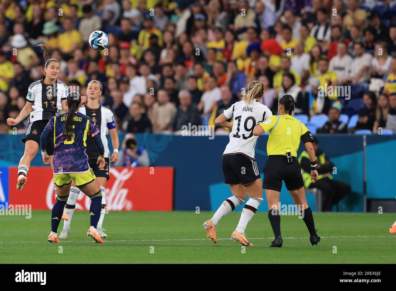 Sydney, Australia. 30th July 2023. 30th July 2023; Sydney Football Stadium, Sydney, NSW, Australia: FIFA Womens World Cup Group H Football, Germany versus Colombia; Sara Daebritz of Germany heads the ball clear out of defence above Bedoya of Colombia Credit: Action Plus Sports Images/Alamy Live News Stock Photo