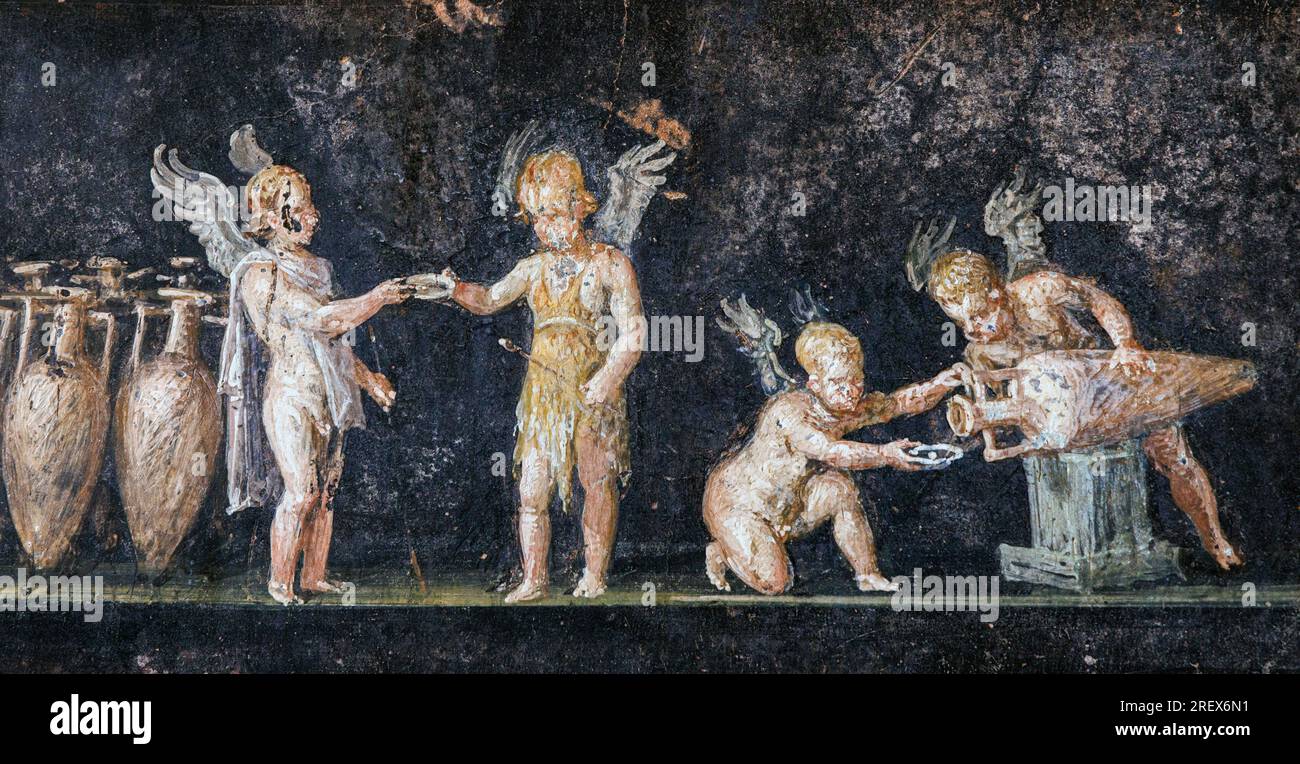 Pompeii Archaeological Site, Campania, Italy.  House of the Vettii.  Casa dei Vettii.  Fresco of Cupids tasting wine.  Pompeii, Herculaneum, and Torre Stock Photo