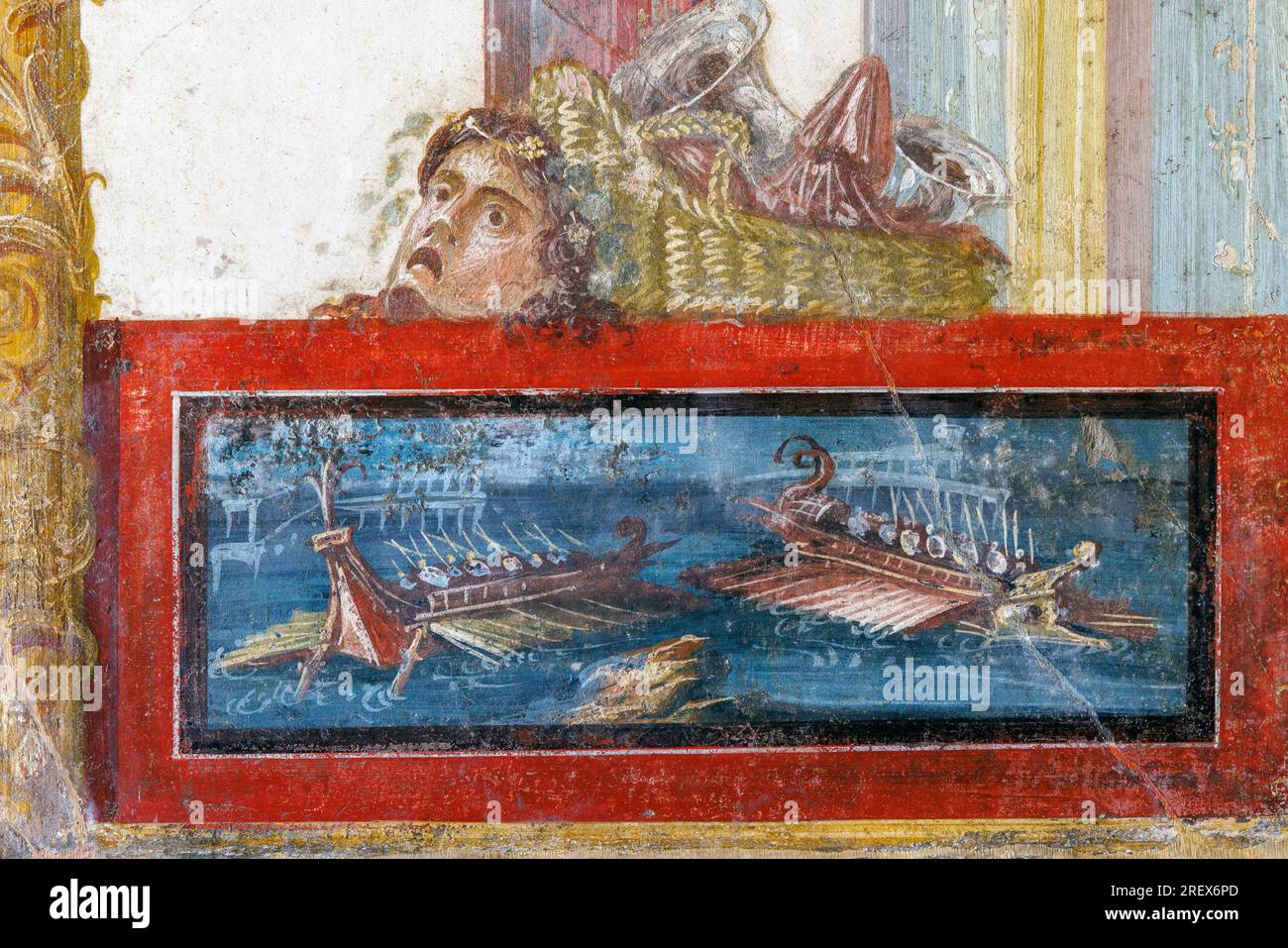 Pompeii Archaeological Site, Campania, Italy.  Fresco of Roman galleys.  House of the Vettii.  Casa dei Vettii.   Pompeii, Herculaneum, and Torre Annu Stock Photo