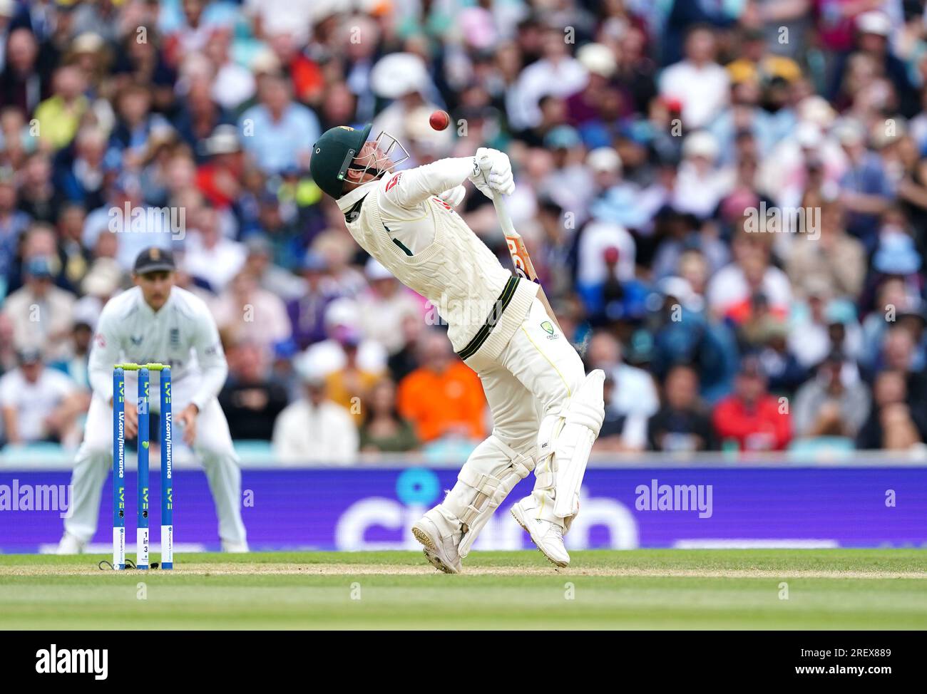 Australia's David Warner avoids a beamer delivered by England's James Anderson (not pictured) during day four of the fifth LV= Insurance Ashes Series test match at The Kia Oval, London. Picture date: Sunday July 30, 2023. Stock Photo