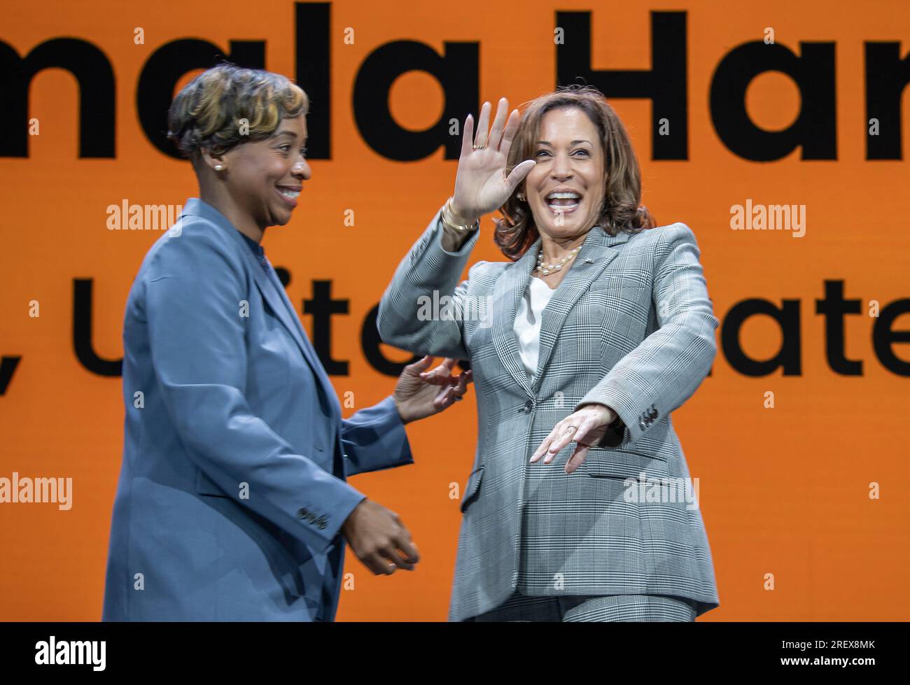 Boston, Massachussetts, USA. 29th July 2023. United States Vice President Kamala Harris, right, arrives to deliver remarks at the 2023 NAACP National Convention in Boston, Massachusetts with Massachusetts Attorney General Andrea Campbell, left, on Saturday, July 29, 2023.Credit: Rick Friedman/Pool via CNP /MediaPunch Credit: MediaPunch Inc/Alamy Live News Stock Photo