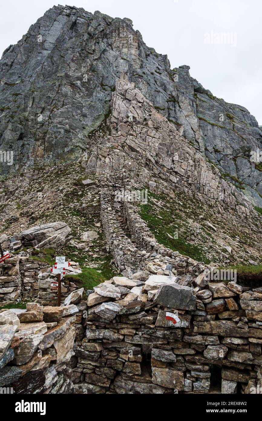 Forcel Rosso Pass near Val di Fumo valley. Stone fortification of the Great War WW1.  Upper Val Daone. Adamello park. Italian Alps. Europe. Stock Photo