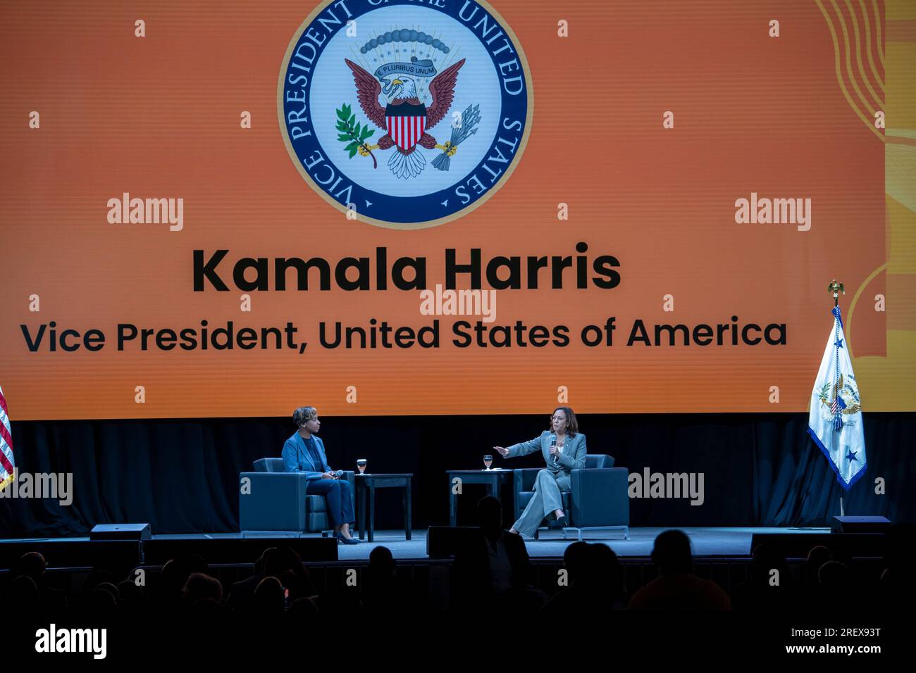 Boston, Massachussetts, USA. 29th July 2023. United States Vice President Kamala Harris, right, delivers remarks at the 2023 NAACP National Convention in Boston, Massachusetts with Massachusetts Attorney General Andrea Campbell, left, on Saturday, July 29, 2023.Credit: Rick Friedman/Pool via CNP /MediaPunch Credit: MediaPunch Inc/Alamy Live News Stock Photo