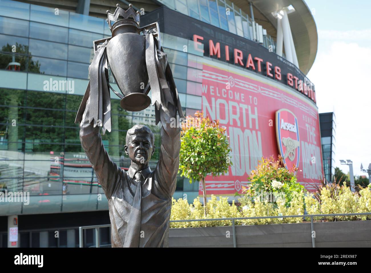 London, UK. 30 July 2023. Arsenal unveil Arsène Wenger statue outside
