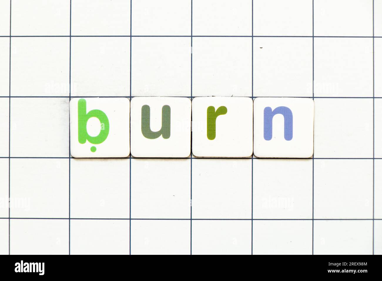 Colorful tile letter in word burn on white grid background Stock Photo