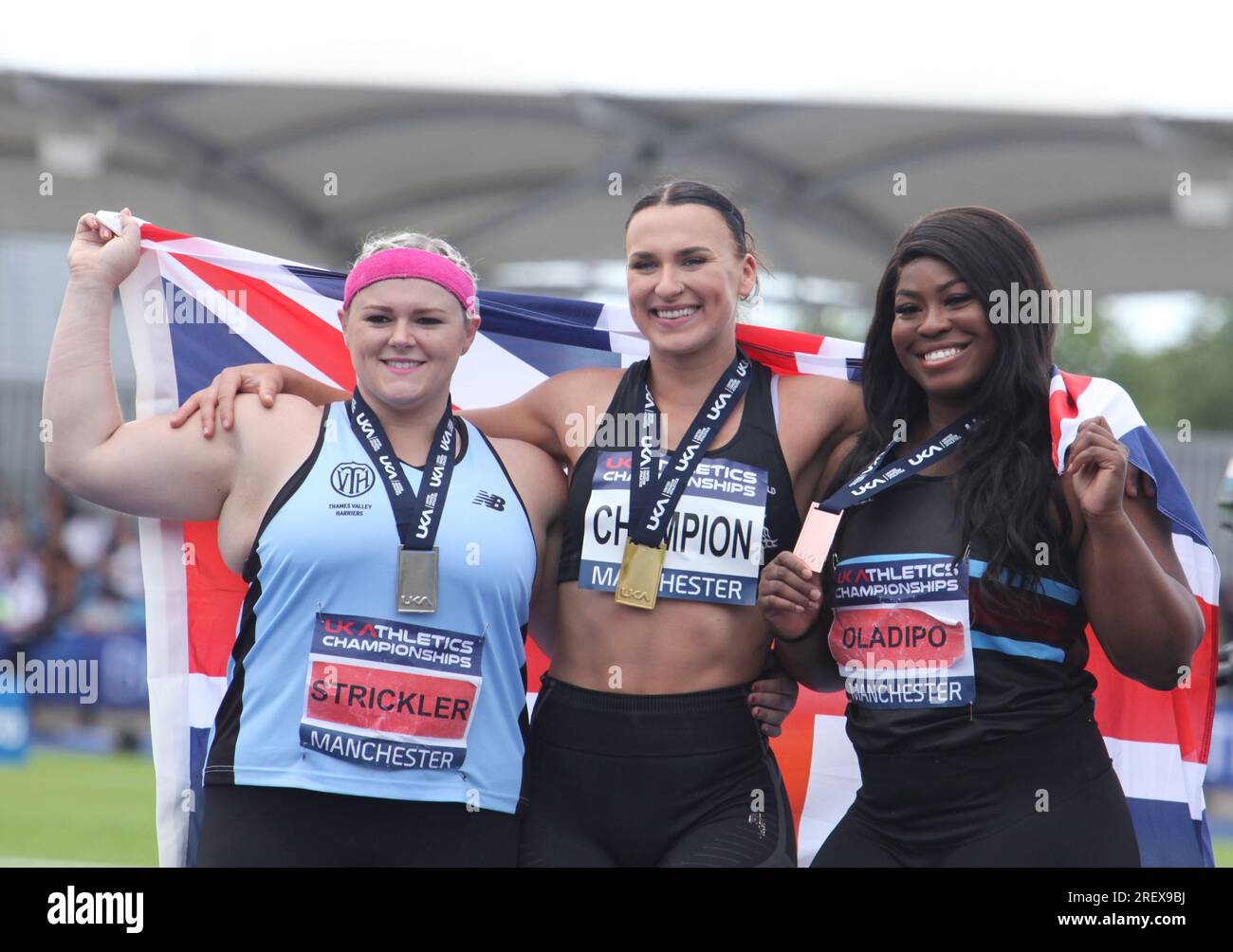 Manchester, England 9th July 2023 UK Athletics Championships & trial event for the World Championships in Budapest.  Shot put medal winners Amelia  STRICKLER (left) took silver Adele NICOLL  (centre) took gold &  Divine OLADIPO (right) took bronze The event took place at the Manchester Regional Arena, England ©Ged Noonan/Alamy Stock Photo