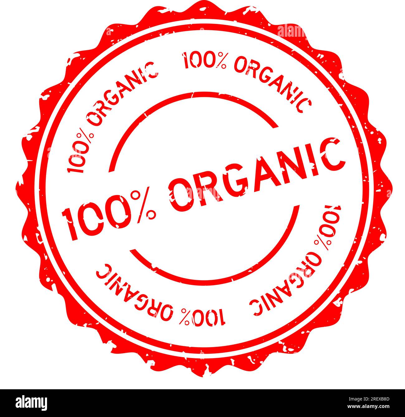 Grunge red 100 percent organic word round rubber seal stamp on white ...