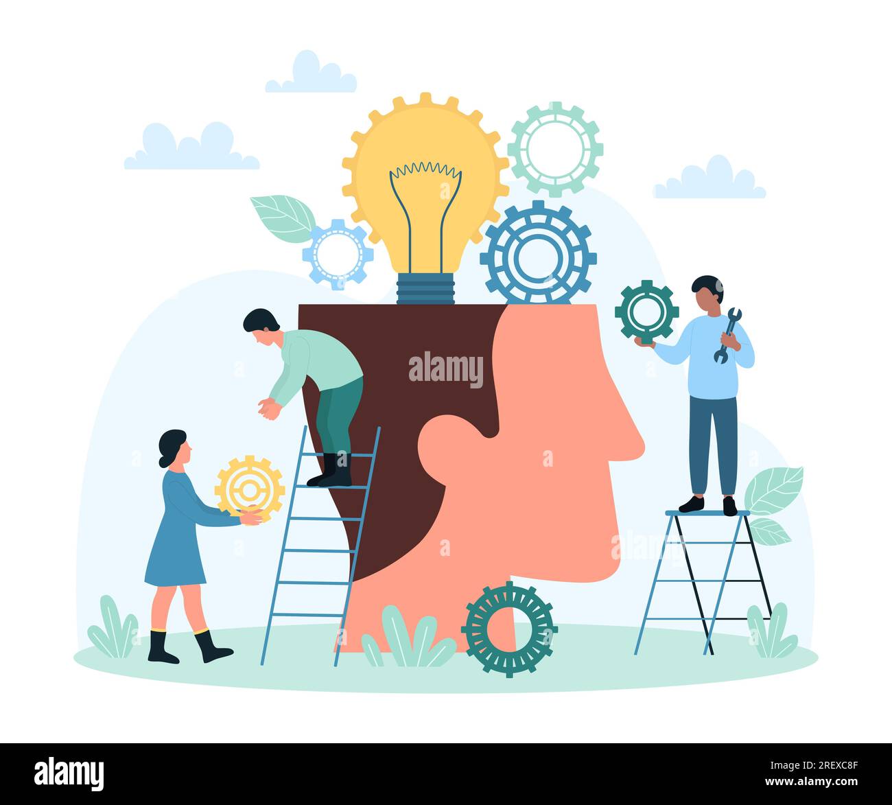 Productive and effective training, intelligence vector illustration. Cartoon tiny people put gears and cogwheels into human head with light bulb, teach and boost skills, work with brain of person Stock Vector