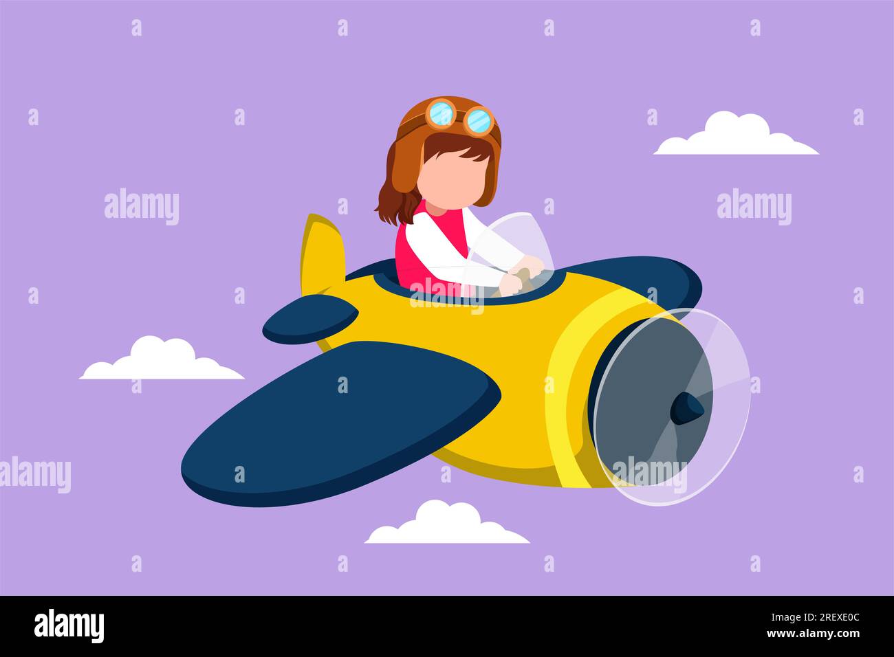 Graphic flat design drawing little girl operating plane. Kids flying in