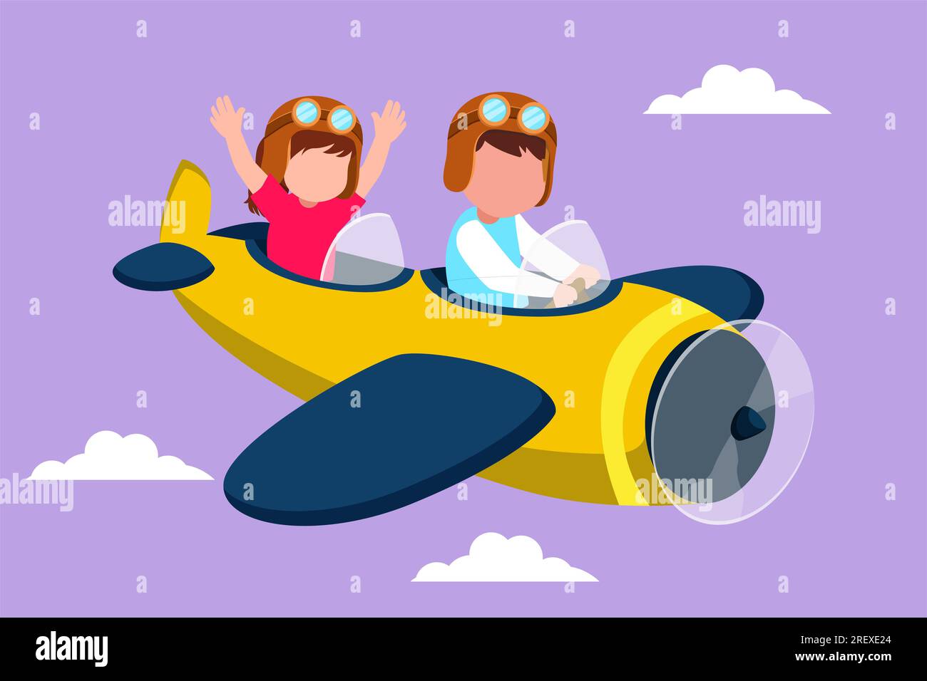 Graphic flat design drawing little boy operating plane and girl as