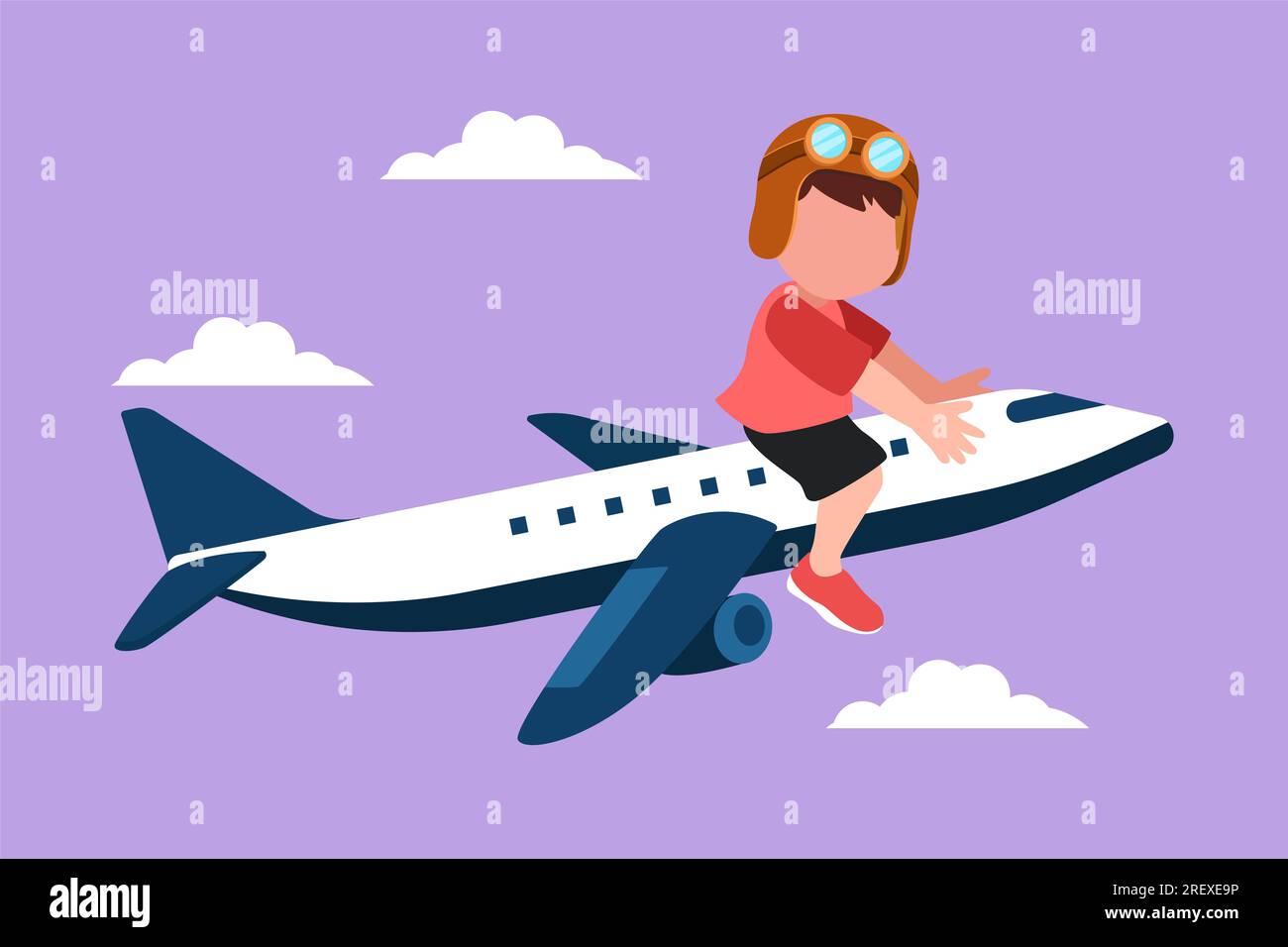 Graphic flat design drawing adorable little boy riding small toy plane