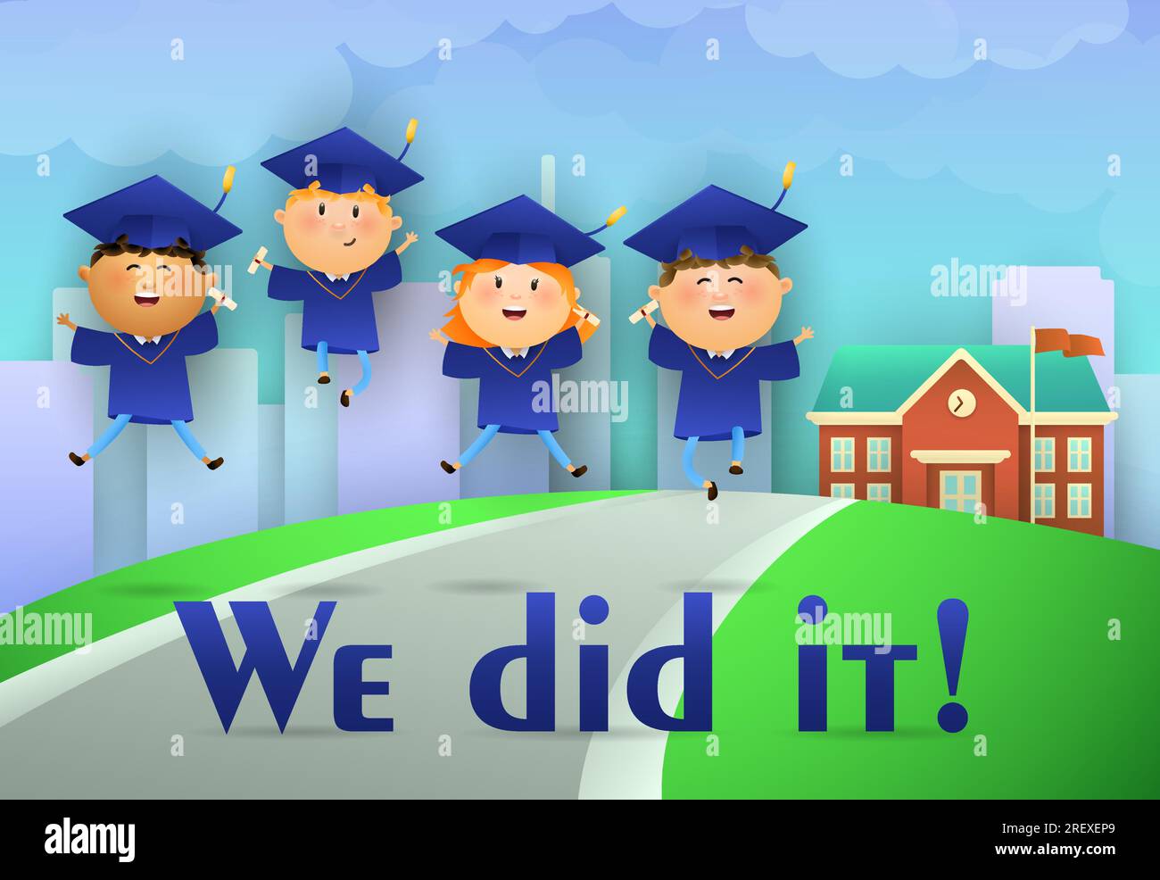 We Did it graduation poster design. Cheerful students Stock Vector