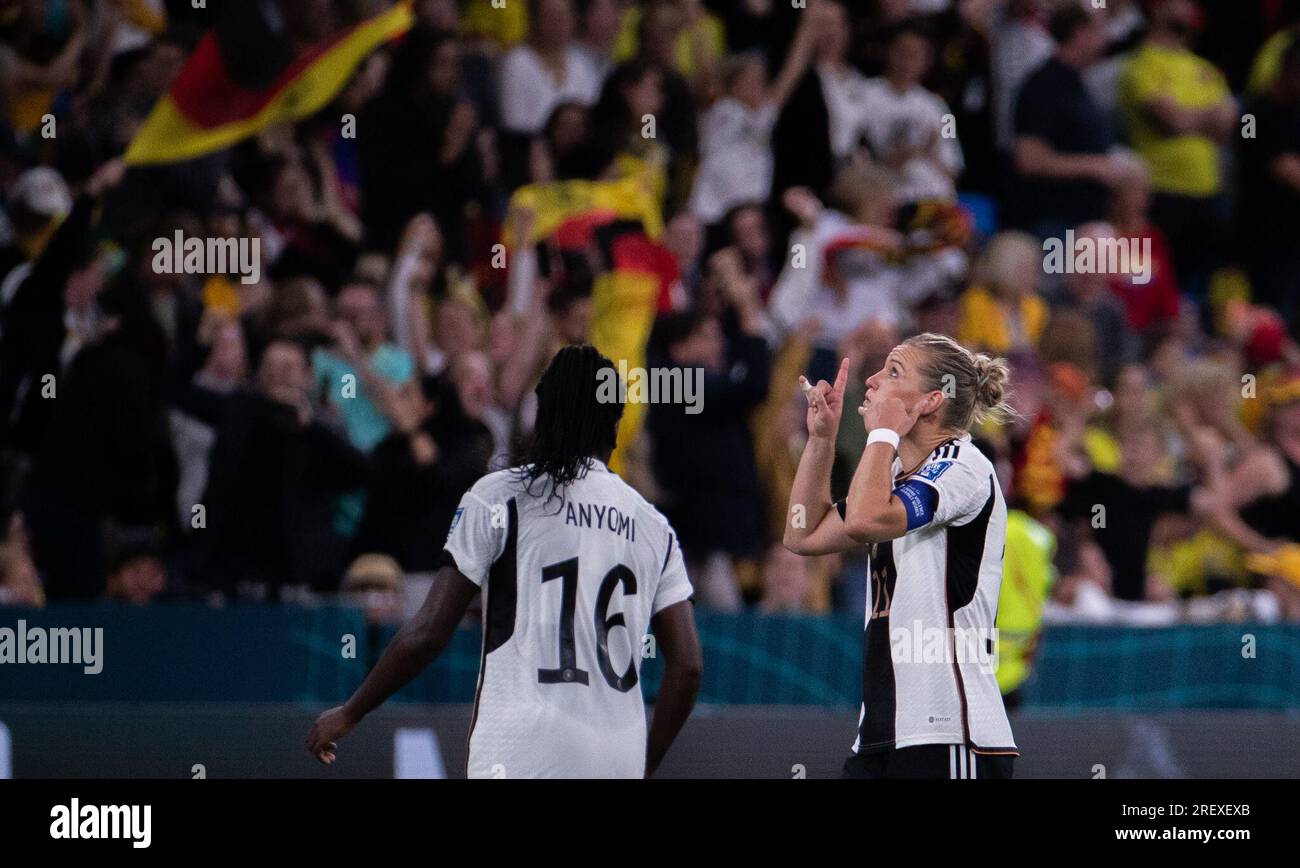 (230730) -- SYDNEY, July 30, 2023 (Xinhua) -- Alexandra Popp (R) of Germany celebrates scoring during the group H match between Germany and Colombia at the 2023 FIFA Women's World Cup in Sydney, Australia, July 30, 2023. (Photo by Hu Jingchen/Xinhua) Stock Photo