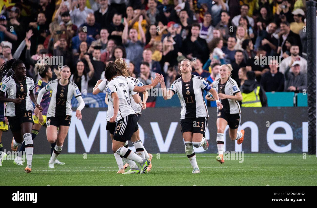 (230730) -- SYDNEY, July 30, 2023 (Xinhua) -- Alexandra Popp (2nd R) of Germany celebrates scoring during the group H match between Germany and Colombia at the 2023 FIFA Women's World Cup in Sydney, Australia, July 30, 2023. (Photo by Hu Jingchen/Xinhua) Stock Photo