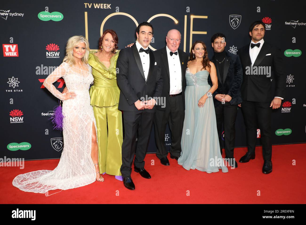 Sydney, Australia. 30th July 2023. Seven Network - Home and Away cast, L-R: Emily Symons, Lynne McGranger, James Stewart, Ray Meagher, Georgie Parker, Kyle Shilling (BLACX) and Ethan Browne arrive on the red carpet for the TV WEEK Logie Awards at The Star Sydney, 80 Pyrmont St Pyrmont. Credit: Richard Milnes/Alamy Live News Stock Photo