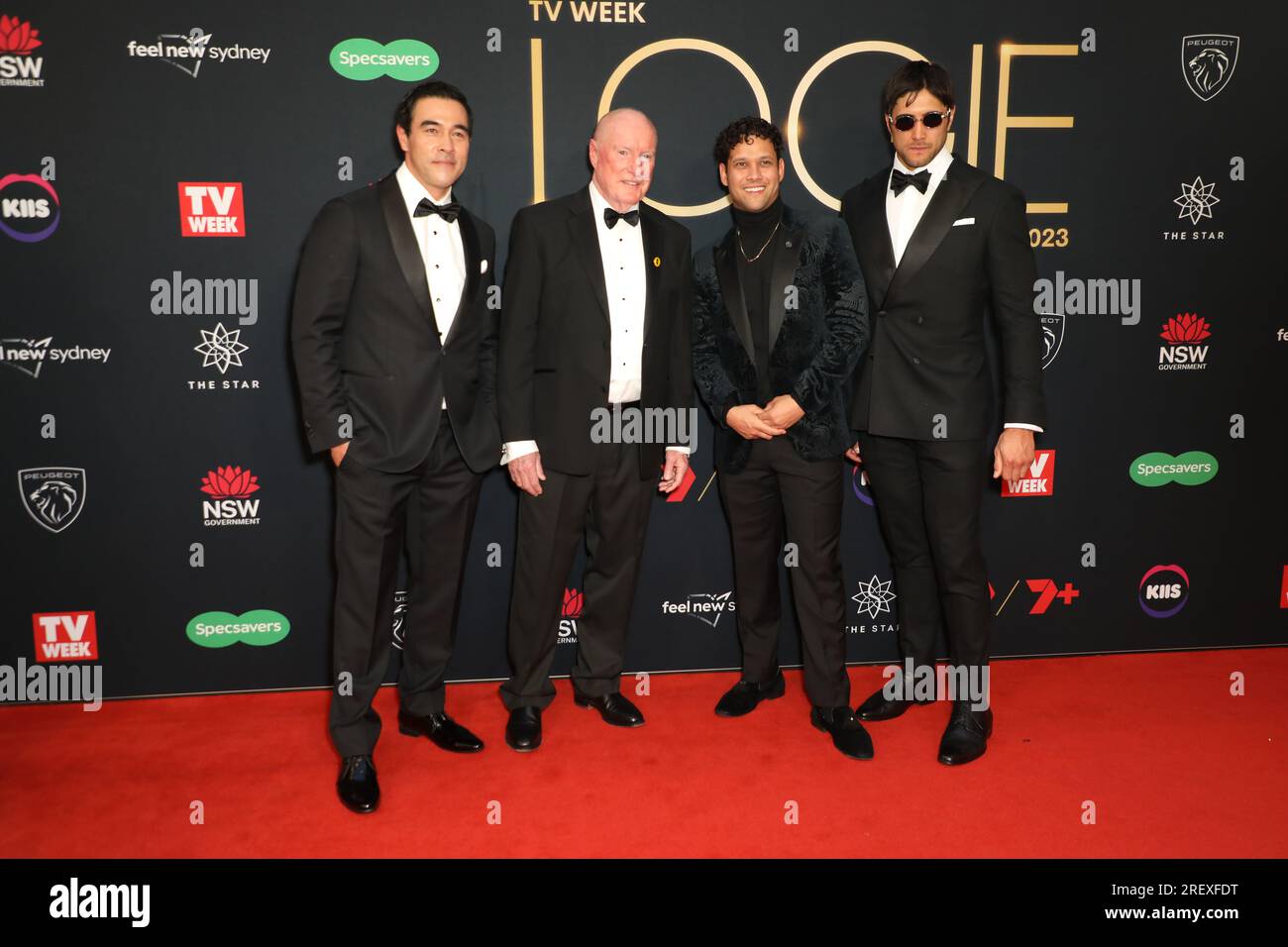 Sydney, Australia. 30th July 2023. Home and Away cast, L-R: James Stewart, Ray Meagher, BLACX (Kyle Shilling) and Ethan Browne arrive on the red carpet for the TV WEEK Logie Awards at The Star Sydney, 80 Pyrmont St Pyrmont. Credit: Richard Milnes/Alamy Live News Stock Photo