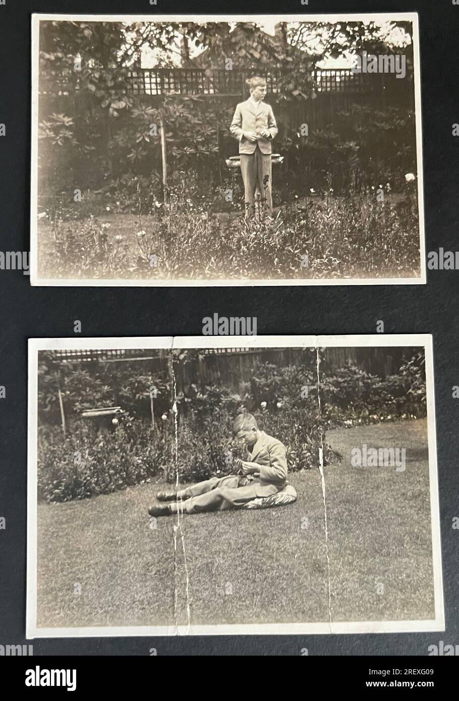 Vintage photos of a young man in garden 1930s? Stock Photo