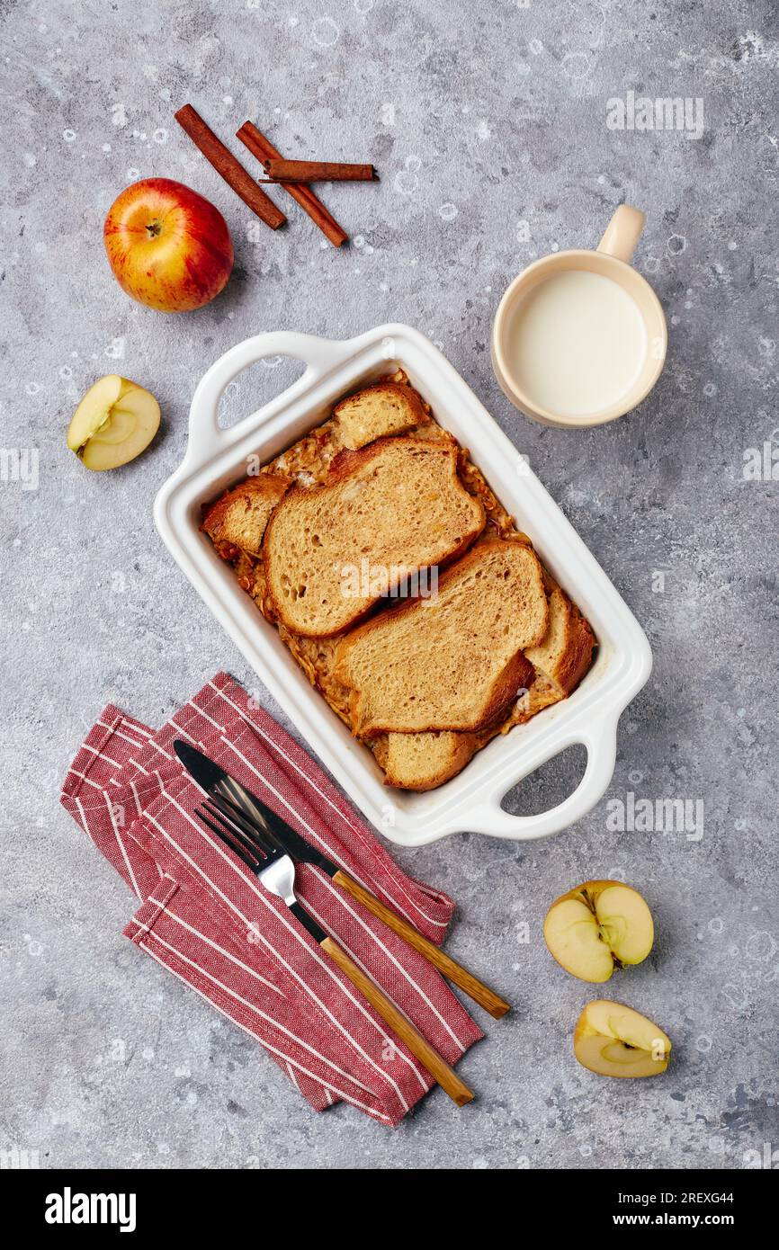Bread pudding breakfast casserole made from wheat bread, eggs, milk and
