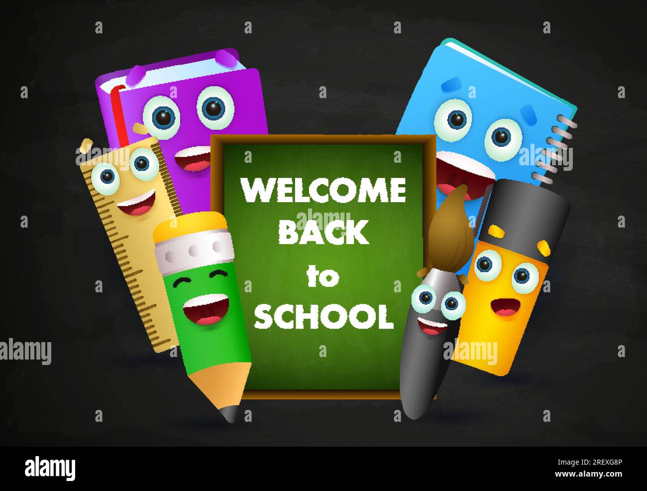Welcome back to school lettering with chalkboard and stationery Stock ...