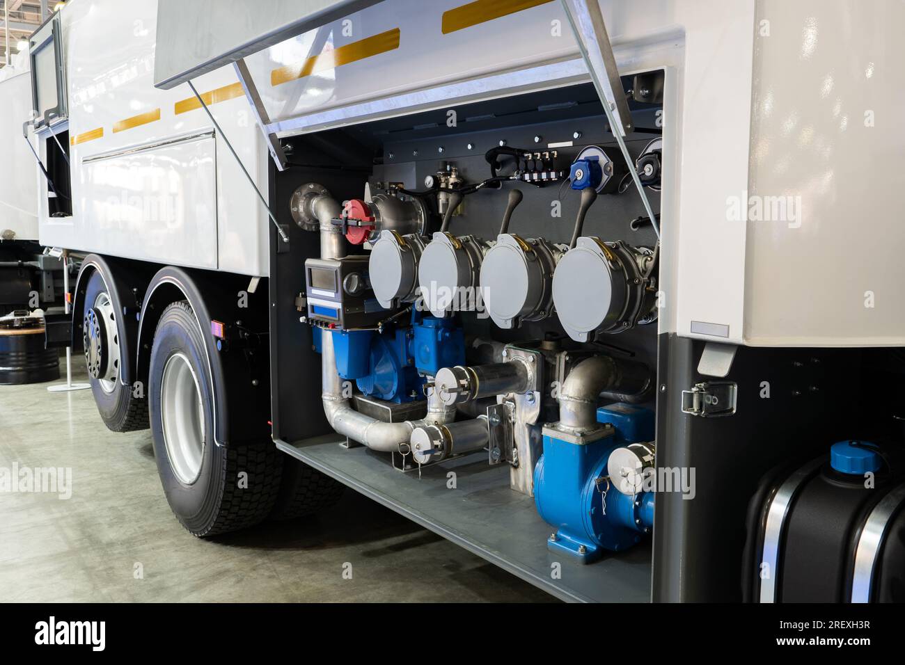 Equipment for pumping fuel on a fuel tanker truck Stock Photo Alamy