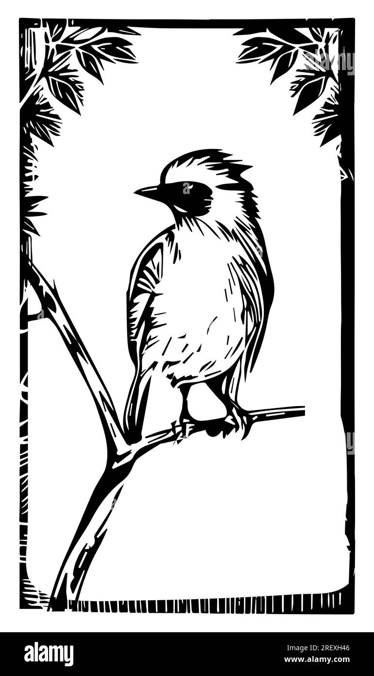 Bird engraving illustration lino cut print style Stock Vector Image